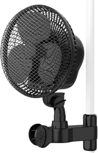 GROZY 6-Inch Fan Blade 8-Inch Housing Oscillating Clip-On Fan for Hydroponic Tent, Grow Room, Home & Office 20W 2 Speed Quiet Fan with Adjustable Heavy Duty Clamp, 240V Pole for Indoor Growing, Black