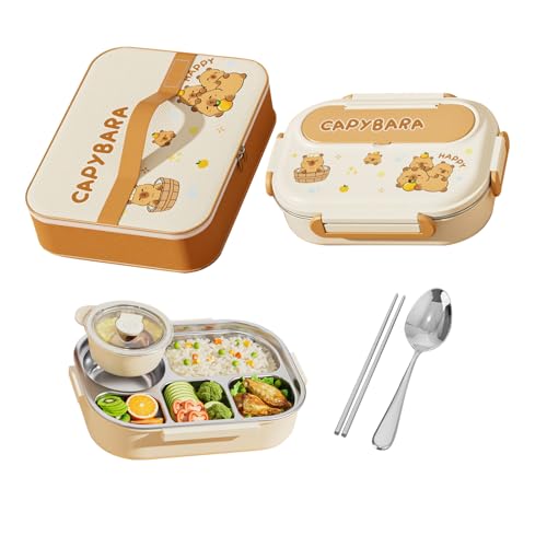 Lunch Kit - キャラクター弁当箱 仕切り付き,ステンレス鋼製食品用コンテナ 子供学校用おやつ職場旅行ピクニックキャンプアウトドア釣りハイキング用カトラリー付き