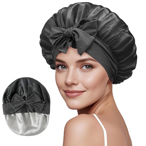 ZIMASILK 100% Mulberry Silk Bonnet for Sleeping Shower Caps Women Long Hair Double Layer Silk Hair Wrap with Elastic & Tie Band Cooling Hair Caps for Hair Care Stay On Head (1Pc, Dark Grey)