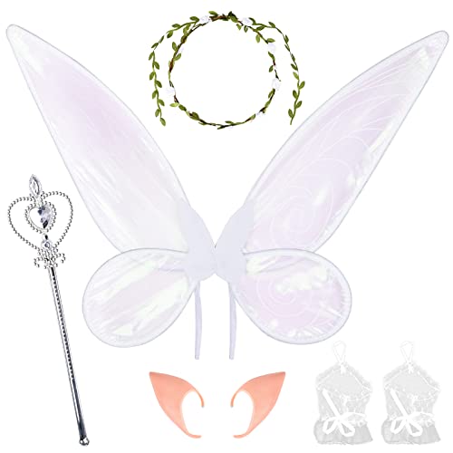 Hereneer Feenflügel Mädchen, 8er Set Feenflügel Kinder, Fairy Wings Erwachsene, Schmetterlingsflügel Elfenflügel mit Elfenohren Blumenkranz Kostüm Zubehör Karneval Kostümparty Verkleidung (Weiß) Cover