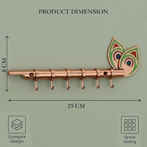 Image of Big Brass Antique Krishna Flute for Key Holder /Key Stand /Keys Hanger Hook /Key Holders for Wall Stylish /Keys Rack Hook /Key Hanging Hooks - Home Decor, Wall Mount - 6 Hooks (Rose Gold)