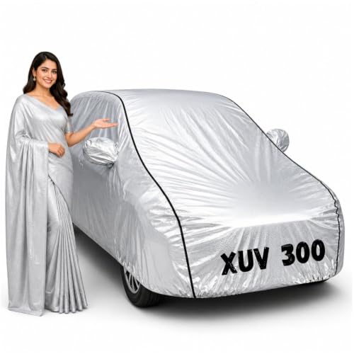 Image of Waterproof Car Body Cover for Xuv 300 All Weather Protection Comes with Inner Cotton Lining & Triple Stitched with Mirror & Antenna Pocket Belt & Elastic Fit Metallic Silver with Black Piping1