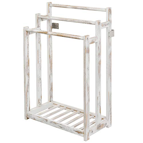 Mygift Shabby Whitewashed Wood Freestanding 3 Bar Towel Rack Holder With Bottom Storage Shelf, Laundry And Bathroom Towel Drying Rack #TOP4