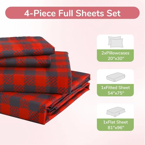 Image of MUXHOMO Full Size 4 Piece Sheet Set, Soft Breathable Bed Sheet Set for Bedroom with Deep Pocket Up to 16 inch, Wrinkle-Free & Cooling Bedding for Oeko-TEX Certified - Red Plaid