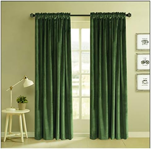 Classic Velvet Mossy Green Set of 2 Blackout Rod Pocket & Clip Rings Drapes Room Darkening Curtains Panel Rod Pocket Drapery 52 by 84-Inch (2 Panels)
