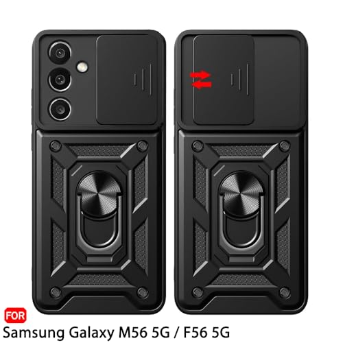 Image of TheGiftKart Tough Armor Bumper Back Cover Case for Samsung Galaxy M56 5G / F56 5G | Kickstand & Ring Holder | 360 Degree Protection Cover for Samsung M56 / F56 (PC & TPU, Sliding Camera Cover, Black)