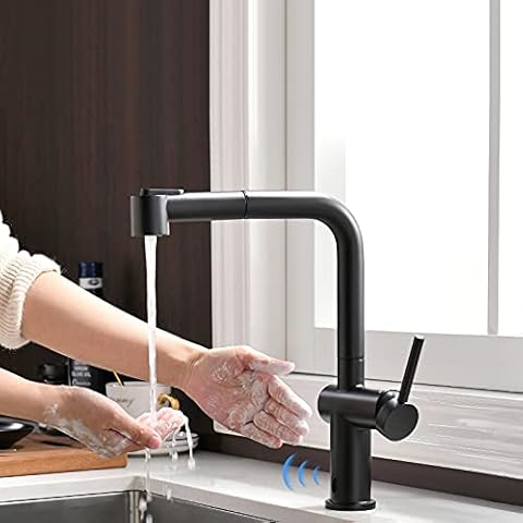 TIMACO Infrared Sensor Black Kitchen Tap with Extendable Shower Head Kitchen Tap 360° Swivel Mixer Tap for Kitchen Sink Mixer Tap Single Lever Mixer Tap for Kitchen Sink Sink Tap Cover