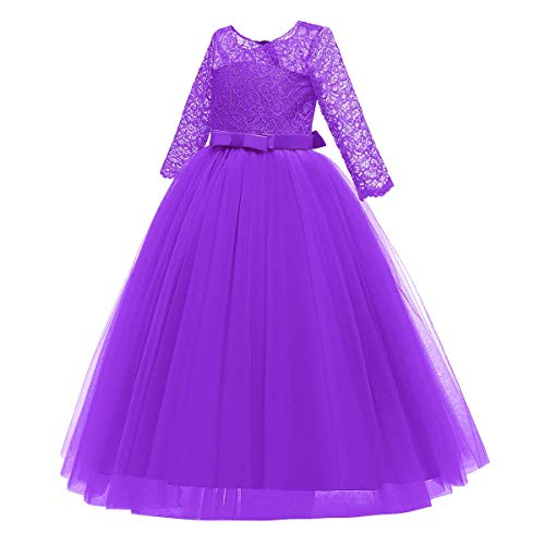 Image of Girls Flower Vintage Floral Lace 3 /4 Sleeves Floor Length Dress Wedding Party Evening Formal Pegeant Dance Gown