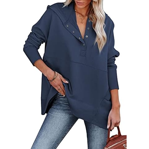 GLIENST Women Casual Sweatshirt V Neck Long Sleeve Tunic Button Up Pullover Hoodie Sweat Shirt with Pocket Fashion 2022 Blue Medium Cover