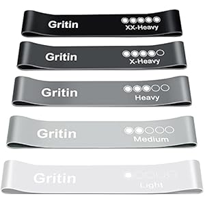 Gritin Weerstandsbanden, [Set van 5] Huidvriendelijke weerstand Fitness Oefenlusbanden met 5 verschillende weerstandsniveaus – Inclusief draagtas – Ideaal voor thuis, sportschool, yoga, training