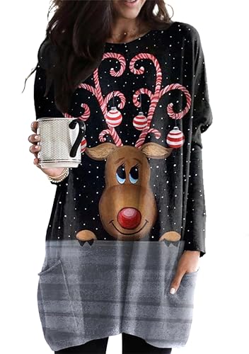 EFOFEI Damen Drucken Lässiges Weihnachtskleid Lose Mini Kleid Schlankes Oberteil mit Langen Ärmeln Weihnachtspullover Burgundisch Elch Schwarz Grau...
