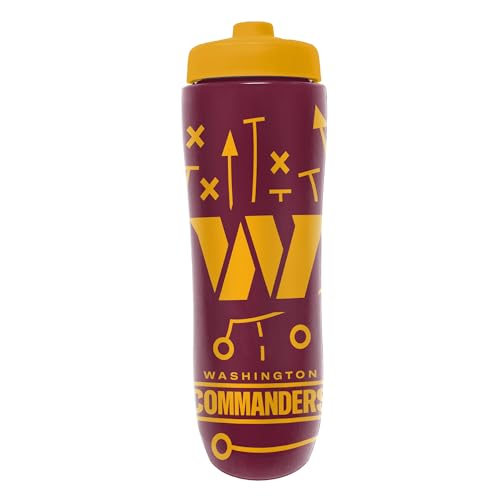 Image of Party Animal NFL Football Squeeze Bottle, 32 oz, Washington Commanders | Slim, lightweight BPA-free sports water bottle with quick-flow squeeze; fits backpacks & cup holders for kids or adults
