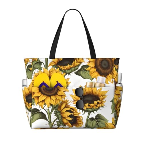 (Beautiful Yellow Sunflower) Large Beach Tote Bag for Women Waterproof Sandproof Travel Shoulder Bag with Pocket for Pool Vacation Weekend Gym