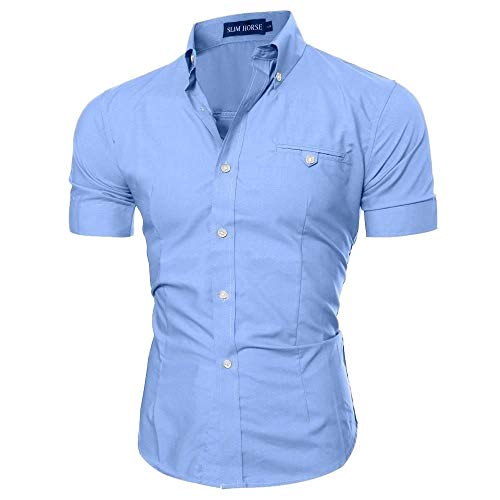 Camisa Social Masculina Manga Curta Slim Fit Azul Claro (G)