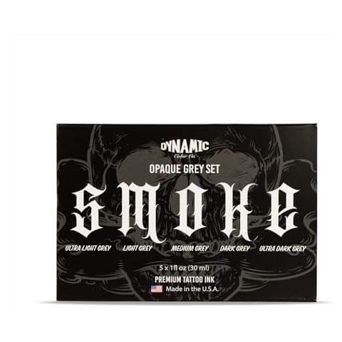 Dynamic Color Co- Smoke Set, Opaque Grey Tattoo Ink Set, 5 Shades of Ultra Light to Ultra Dark Tattoo Ink, Dynamic Tattoo Ink, Made in USA, Sterilized, 1 oz Bottles - Professional Tattoo Artists Cover