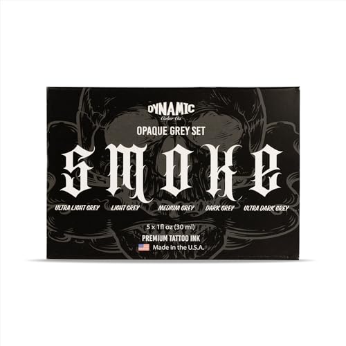 Dynamic Color Co- Smoke Set, Opaque Grey Tattoo Ink, 5 Shades From Ultra Light to Ultra Dark, Made in USA, Sterilized, 1 oz Bottles - For Professional Artists