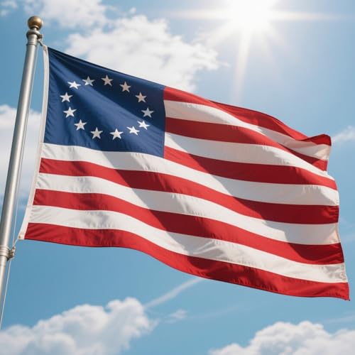 Betsy Ross Flag 3x5 Ft Nylon Fabric Made in the USA Outdoor Heavy Duty 13 Star American Flag Nylon Embroidered Wind or UV Resistant Fade Proof Waterproof All Weather Tear Proof US Flag for Outside with Sewn Grommets High Wind Resistant United States Flag