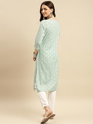 Image of rangita Mint Green Rayon Calf Length Embellished Straight Kurti for Women | Kurta for Women