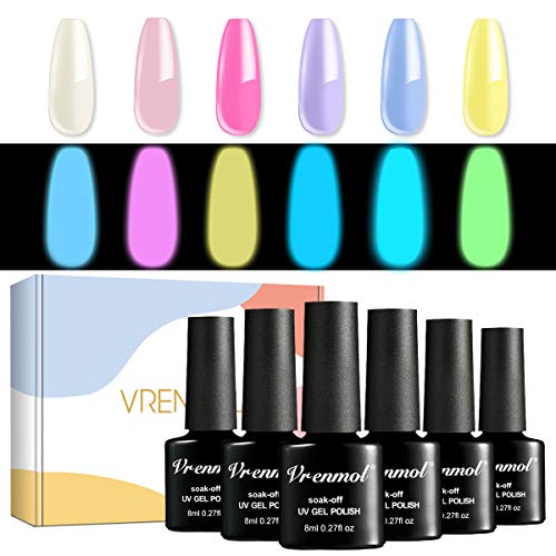 Vrenmol Glow in The Dark Nail Polish Luminous Neon Gel Nail Polish Set Fluorescent Bright Shellac Gel Polish UV LED Nail Art Kit for Halloween 6pcs 8ml (Kit#002)