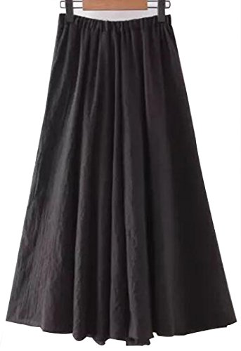 HorBous Mujeres de Las niñas de Color Puro Cintura elástica Plisada algodón de algodón Maxi Vestido de Falda Larga 8 Colores (Negro)