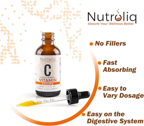 Nutroliq Liposomal Vitamin C Liquid Drops - Vegan Supplements for Men & Women's Health - Helps Boost Immune System - Quick-Absorbing, 2000mg Per Serving, Natural Orange Flavour - 60ml Glass Bottle - Image 2