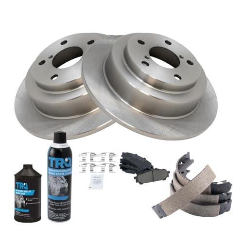 Image of TRQ Rear Brake Pad & Rotor Kit, with Chemical Kit Parking Brake Shoe Set Ceramic Compatible with 2004-2007 Subaru Forester Impreza