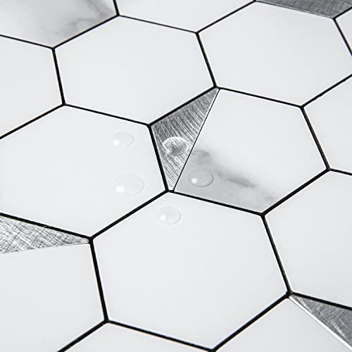 Dicofun 10-Sheet Hexagon Tile Peel And Stick Backsplash, White Marble Look Pvc Mixed Silver Metal Mosaic Tiles For Kitchen And Bathroom #TOP2