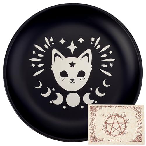 CREATCABIN Cat Prayer Ritual Plate Stainless Steel Offering Bowl Flat Round Tray Prayer Offering Bowl Candle Holder with Divination Card Jewelry Dish for Smudging Incense Burner Meditation 5.55Inch