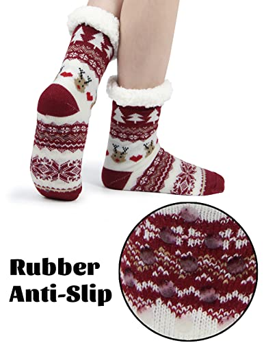 Sooneeya Winter Thick Fuzzy Slipper Socks For Women Warm Cozy Soft Fleece-Lined Grip Socks Slipper Non Slip Cute Wife House Comfy Sherpa Socks Christmas Holiday Gift Red thumb #4