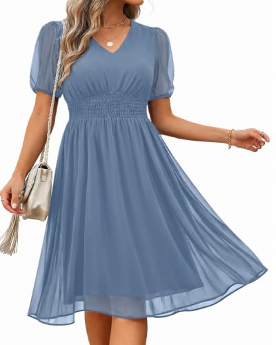 Image of Holipick Women Summer Casual Dress Wedding Guest V Neck Short Sleeves Smocked Waist Chiffon Swing Knee Length Midi Dresses