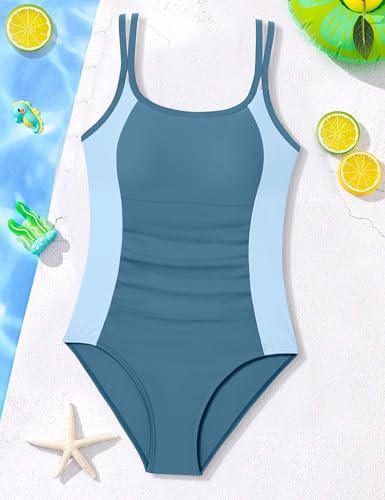 Image of CRISONE Girls One Piece Swimsuits Adjustable Straps Bathing Suit Color Block Padded Pool Beach Swimwear 9-16Y