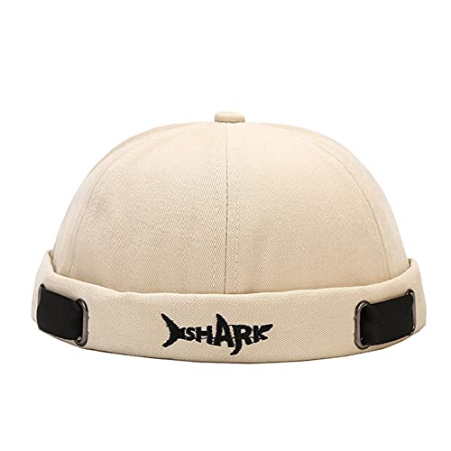 Men Hats Docker Cap Hats Beanie Sailor Cap Worker Hat Rolled Cuff Retro Brimless Hat with Adjustable (Shark-Beige)