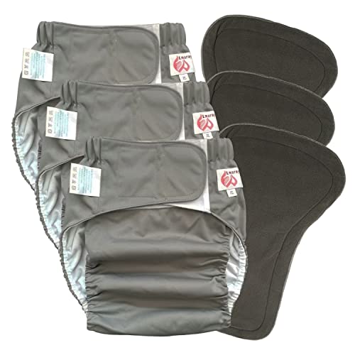 3 Pack Adult Cloth Diapers with Oversized Diaper Inserts, TPU Waterproof Nappy Reusable Washable Elderly Incontinence Care Protection Nappies Underwear for Men or Women, Waist 39.4-53.15Inches（XL）