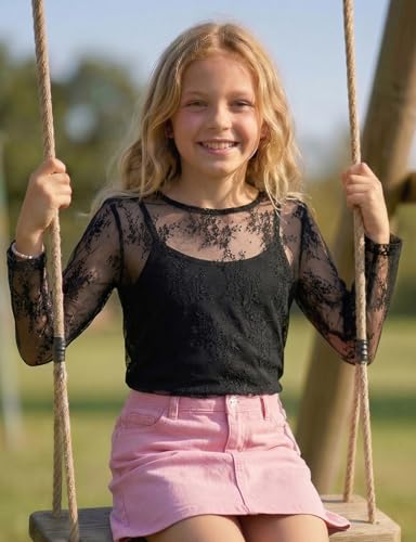 Image of Noomelfish Girls Lace Layering Tops Sheer Mesh Tee Shirts Blouse (5-12 Years)