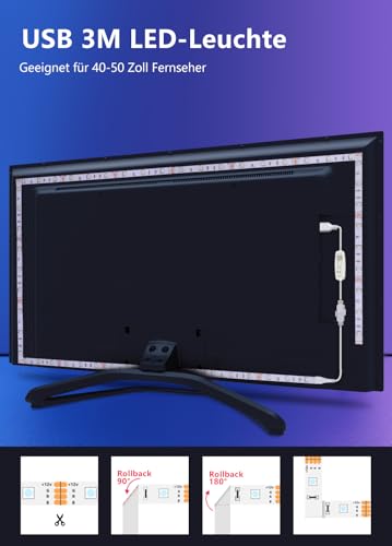 Nixtrve LED TV Hintergrundbeleuchtung, TV LED Strip 3M USB Bluetooth LED Streifen für 40-50 Zoll Fernseher und PC, RGB LED Streifen APP Control Musik Sync LED Beleuchtung für Deko