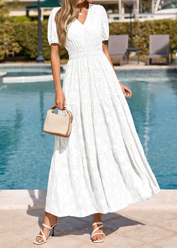 Image of KIRUNDO Summer Dresses for Women 2026 Boho Flowy Casual Short Sleeve V Neck Elastic Waist Floral Long Baby Shower Maxi Dress