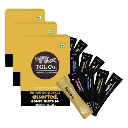 Image of TGL Co. Assorted Premium Instant Coffee Sachet (25 Sachets) | Single-Serve Pack for Home, Office & Travel | Pack Contains 5 Varieties of coffee pouch (3 Flavored, 2 Classic) (Pack of 3)