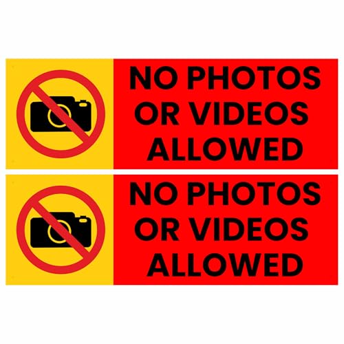 Image of No Photos Or Videos Allowed Sign Sticker (20.5 x 7 CM) - Pack of 2 | Peel & Stick Sign Board with 4 Corner Holes | Wall, Office, Shop, School, CCTV Area Notice (No Photos Or Videos Allowed, Small - 20.5 X 7 CM)