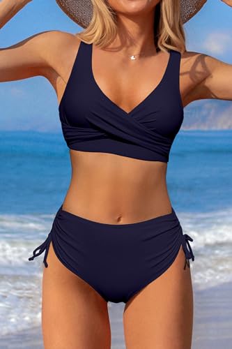 Beachsissi Damskie stroje kąpielowe Cross Back Leopard Twist Front moda kąpielowa ze sznurkiem bocznym zestawy bikini, średni granatowy, M