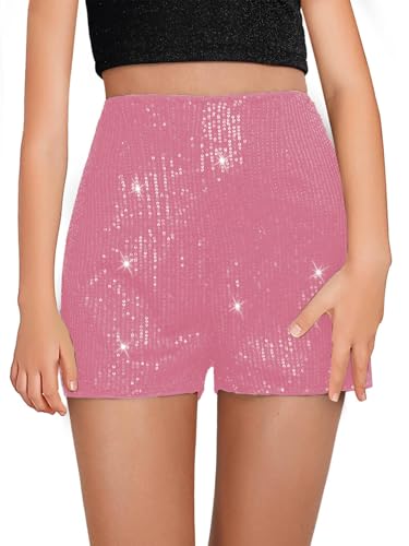 CharmWM Girls Sequin Shorts Elastic Straight Leg Sparkly Glitter Party High Waist Shorts 5-14 Years Bright Pink