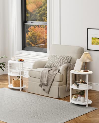 Image of Small Round Side Table - 3-Tier Oval Accent Table for Small Spaces, Rustic Wood and Metal Couch End Table, Nightstand for Bedroom or End Table Living Room, Set of 2, Marble White