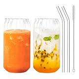 2 Pack Can Shaped Glass Cups with Glass Straw, 14 Oz Vintage Drinking Glasses, Ripple Beer Glasses,