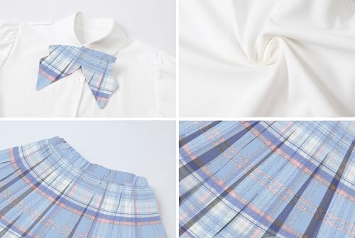 Image of Betusline Girls Skirt Set JK School Uniform 2-Piece Outfit - Short Sleeve Shirt with Bow & Pleated Skirt 4T-14Y