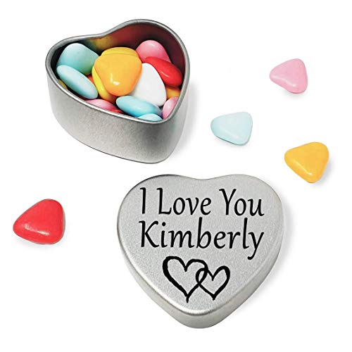 I Love You Kimberly Mini heart shaped silver gift tin filled with mini chocolates. Great as a birthday present or a gift to show someone special how much you love them