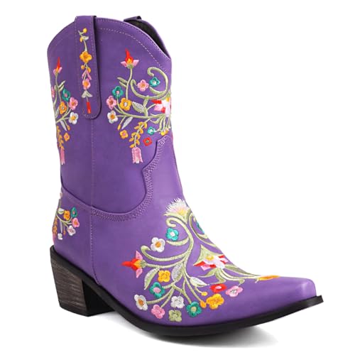 Carkuolary Women's Western Cowboy Work Boots with Embroidered Fashion Retro Classic Short Rider Boots for Women Girls Ladies Purple Size 5