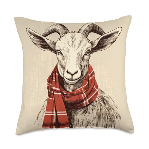 Goat Christmas In Plaid Scarf Throw Pillow