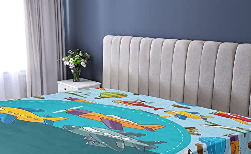 Ambesonne Party Fitted Sheet, Colorful Retro Style Various Cartoon Airplanes Air Balloons Zeppelins Boys, Bed Cover with All-Round Elastic Deep Pocket for Comfort, Twin XL Size, Sky Blue Teal