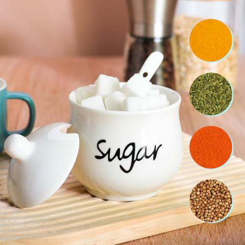 Sugar Bowl Porcelain with Lid and Spoon,7 OZ Ceramic Salt Storage Jar, Sugar Pot White Seasoning Container for Spice Home and Kitchen,White,210ML - Image 5