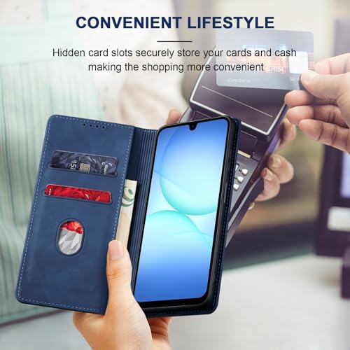 Image of Jasonyu Flip Wallet Case for Samsung Galaxy A17 5G,Leather Magnetic Folio Cover with Card Holder,Kickstand - TPU Shockproof Durable Protective Phone Case,Blue