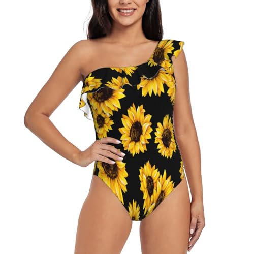 Women'S Floral Sunflower One Piece Swimsuits Shabby Chic Sunflower One Shoulder Ruffle Bathing Suits Swimwear, S